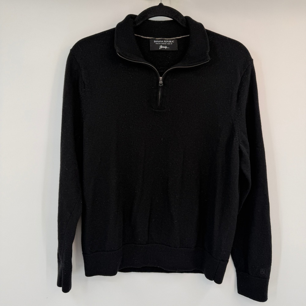 Banana Republic Mens Black Italian Merino Wool Quarter Zip Sweater Large Baruffa